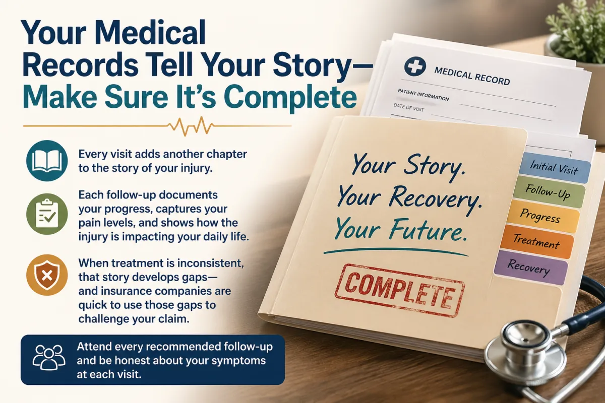 Infographic of organized medical records and patient file marked “complete,” highlighting the importance of consistent treatment, follow-up visits, and accurate documentation for personal injury claims and insurance cases.