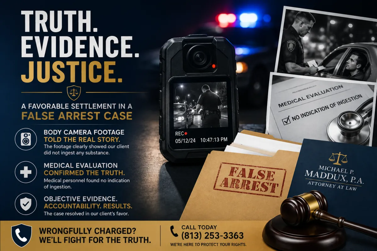 False arrest case settlement blog cover image featuring police body camera footage, traffic stop investigation, medical evaluation documents, and legal evidence proving wrongful arrest allegations were false. Personal injury and civil rights law firm marketing graphic about holding law enforcement accountable, defending against wrongful charges, and protecting constitutional rights through objective evidence and legal representation.