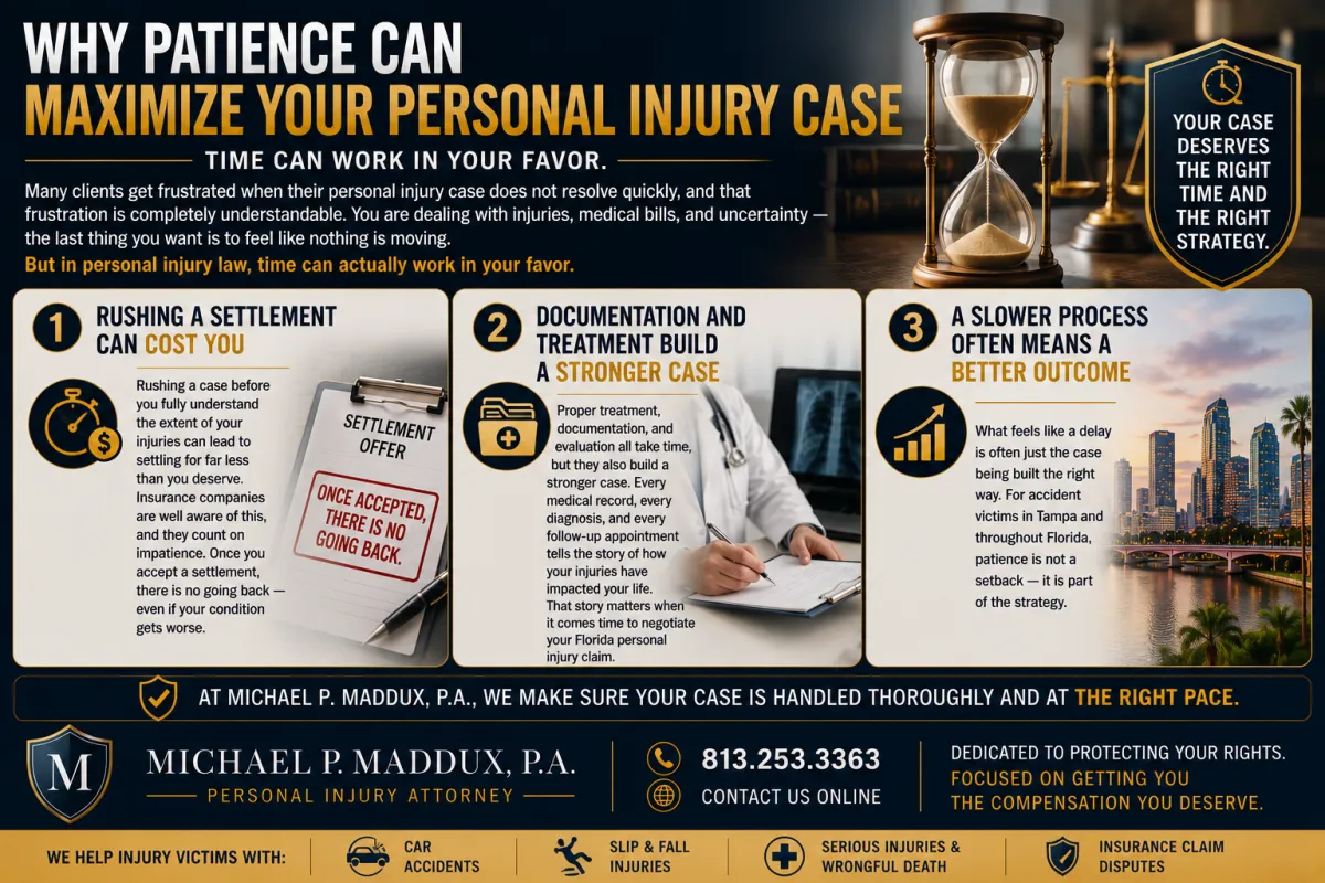 Landscape legal infographic about denied insurance claims in Florida, featuring a document stamped ‘Not Covered,’ Tampa skyline imagery, and sections explaining uninsured motorist coverage, multiple insurance policies, layered coverage options, and the importance of getting a second legal opinion after a claim denial.