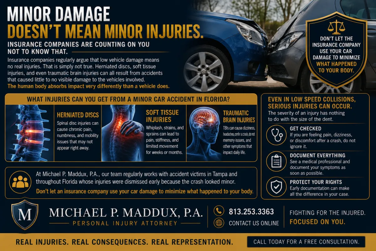 Personal injury legal infographic explaining that serious injuries can occur even in low-impact car accidents, featuring two vehicles with minor damage, medical illustrations of herniated discs and traumatic brain injuries, and guidance about documenting symptoms and protecting injury claims in Florida.