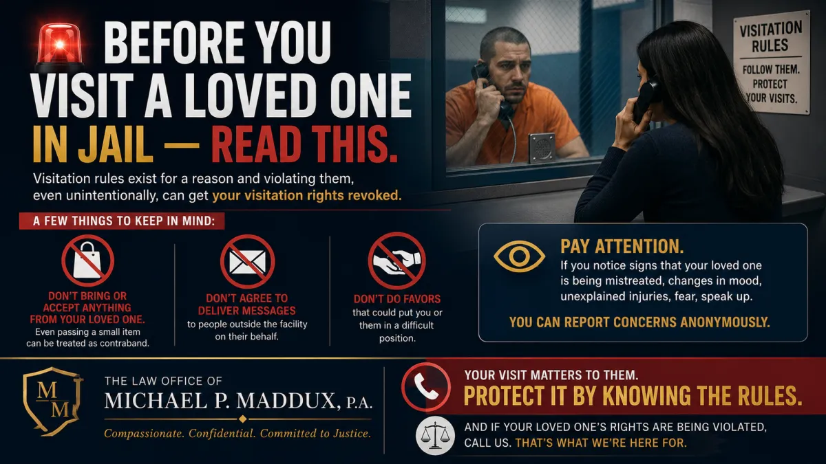 Jail visitation rules infographic explaining what family members and loved ones should know before visiting someone in jail, including prohibited actions, contraband warnings, reporting inmate mistreatment, and protecting visitation rights.
