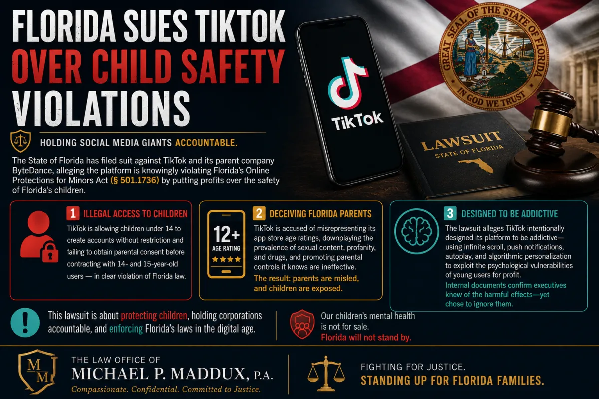 Florida lawsuit against TikTok infographic discussing allegations that the platform violated Florida's Online Protections for Minors Act by allowing underage users to create accounts, misleading parents about content exposure, and using addictive design features that may harm children.