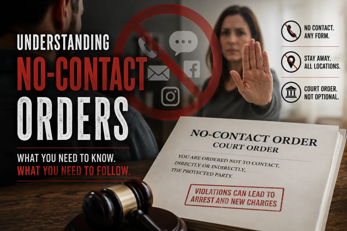 Court-issued no-contact order in a domestic violence case with legal documents, judge's gavel, and a protected individual signaling stop, illustrating the legal consequences of violating a no-contact order in Florida.