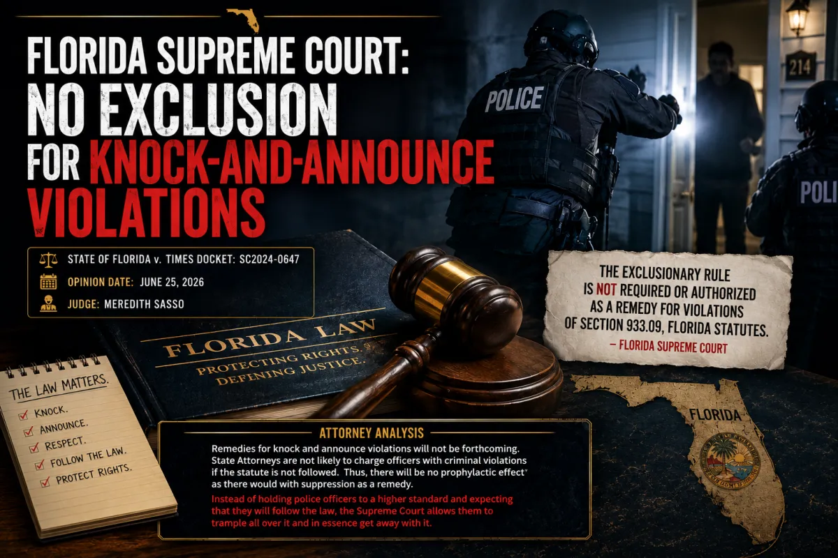 Florida Supreme Court-themed illustration depicting police officers executing a search warrant alongside a judge's gavel and legal documents, representing the court's decision that evidence will not be suppressed for knock-and-announce violations under Florida law.