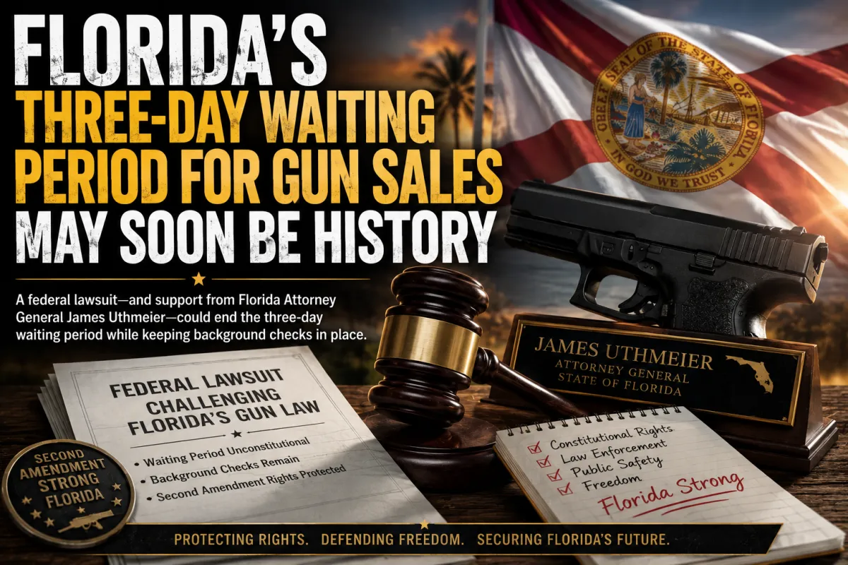 Illustration of a handgun, judge's gavel, and Florida flag symbolizing the legal challenge to Florida's three-day waiting period for firearm purchases and the ongoing constitutional debate over Second Amendment rights and state gun laws.