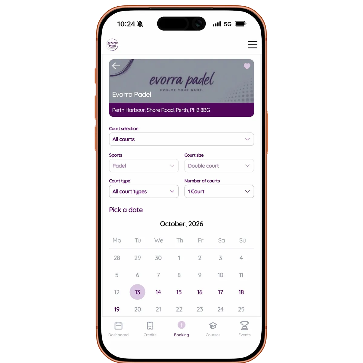 The Evorra Padel booking app on a mobile phone