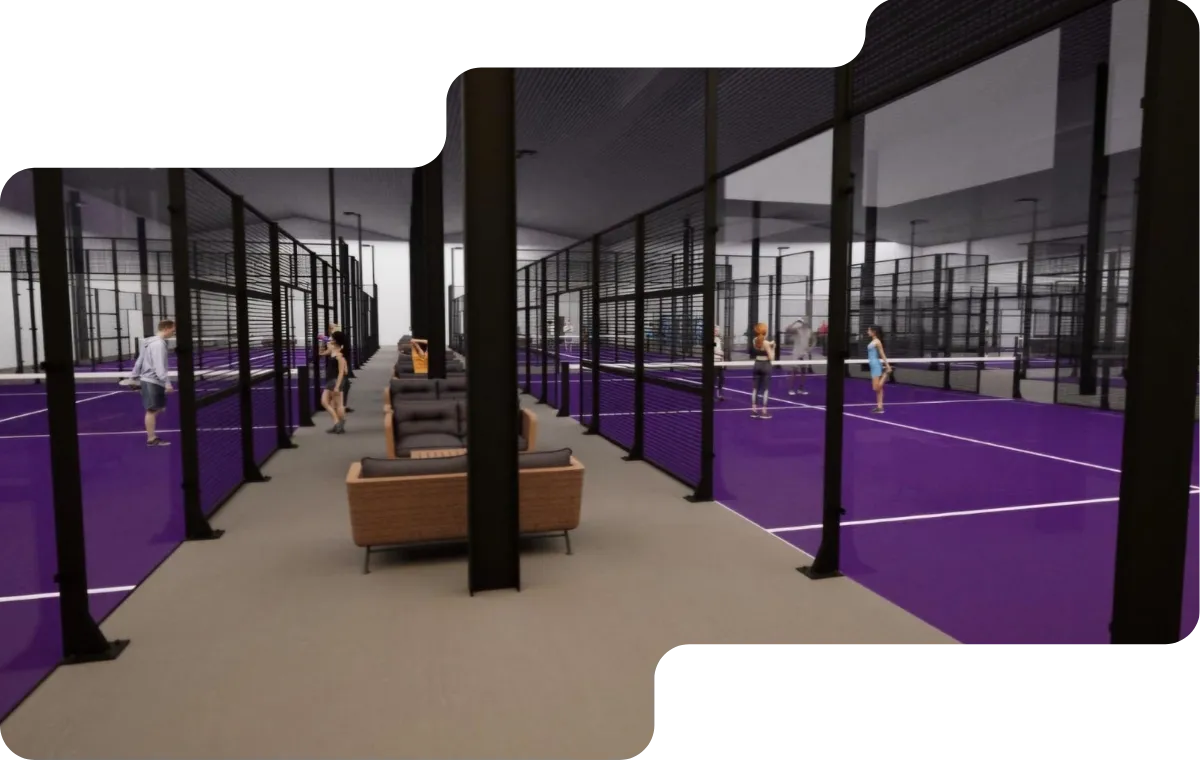 Visualisation of the five padel courts and seating area inside Evorra Padel, Perth Harbour
