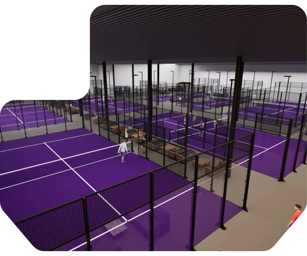 Visualisation of the purple padel courts inside Evorra Padel