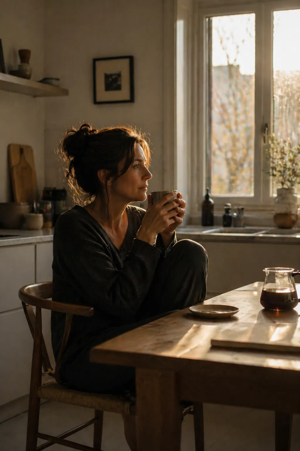 Une femme tient une tasse de café entre les mains, le regard distant — illustration de l'anesthésie émotionnelle après une séparation