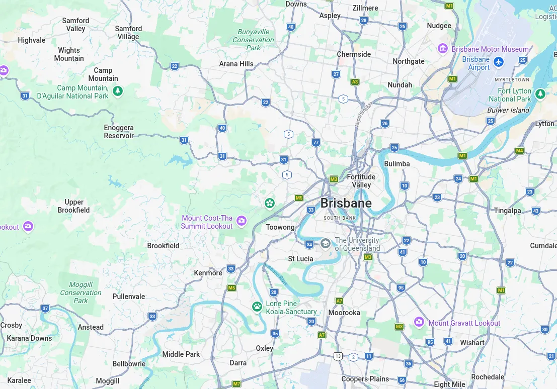Brisbane metropolitan coverage map illustrating Vantage Pressure Washing service territory across North, South, East, and Western suburbs