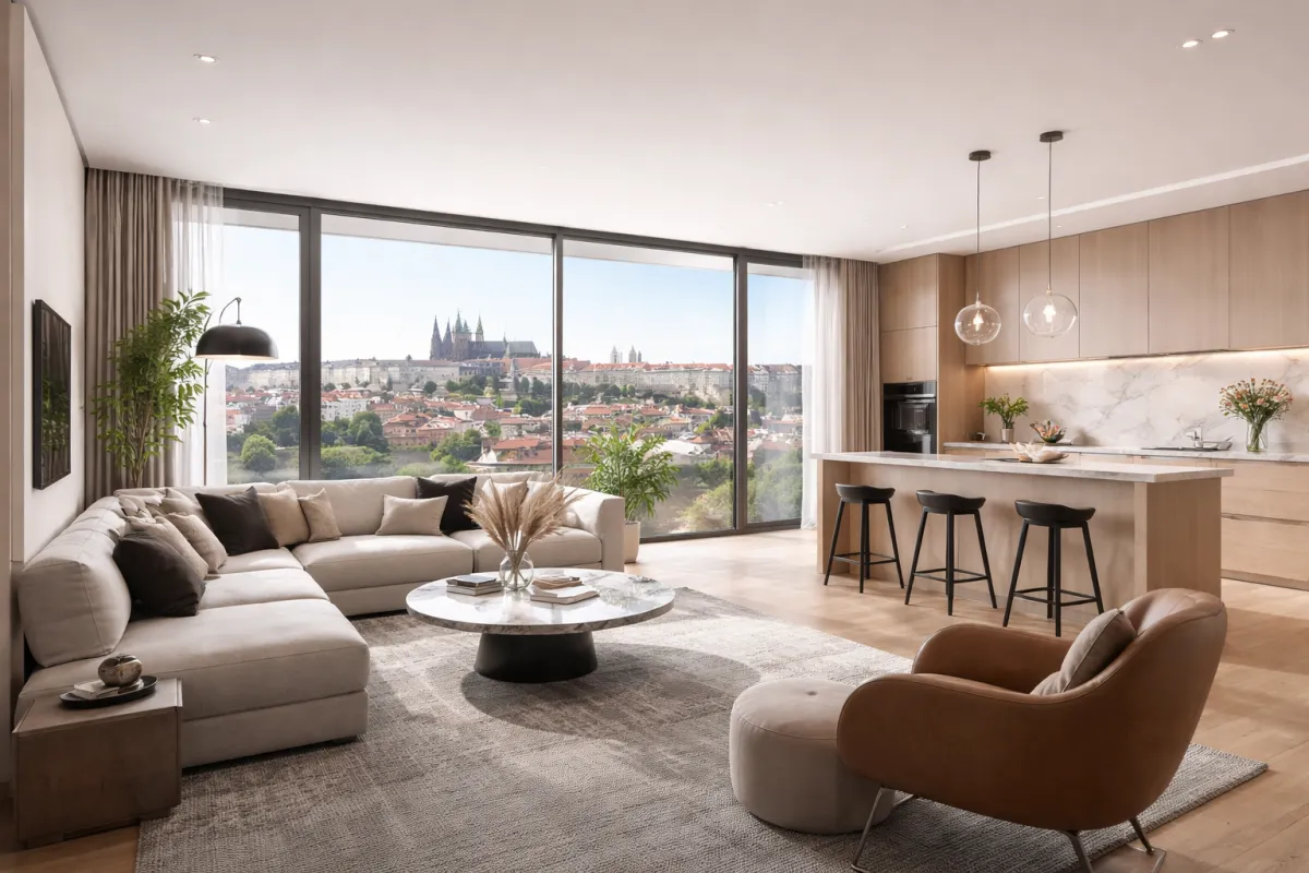 Luxusní moderní interiér bytu v Praze s výhledem na Hradčany, spravovaný službou správy nemovitostí Najem s radostí.