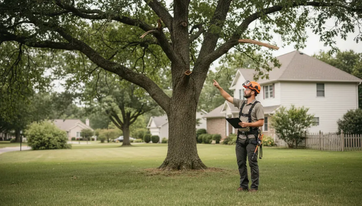 Certified arborist inspecting a large mature tree in a residential yard, identifying damaged branches and assessing tree health before trimming or removal.