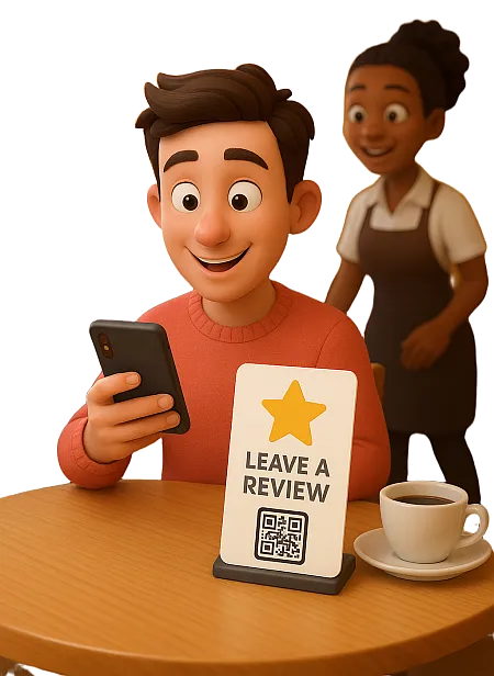 Man at a table with a NFC review table talker