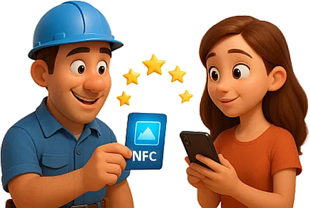 A tradesman using a NFC review card with a customer