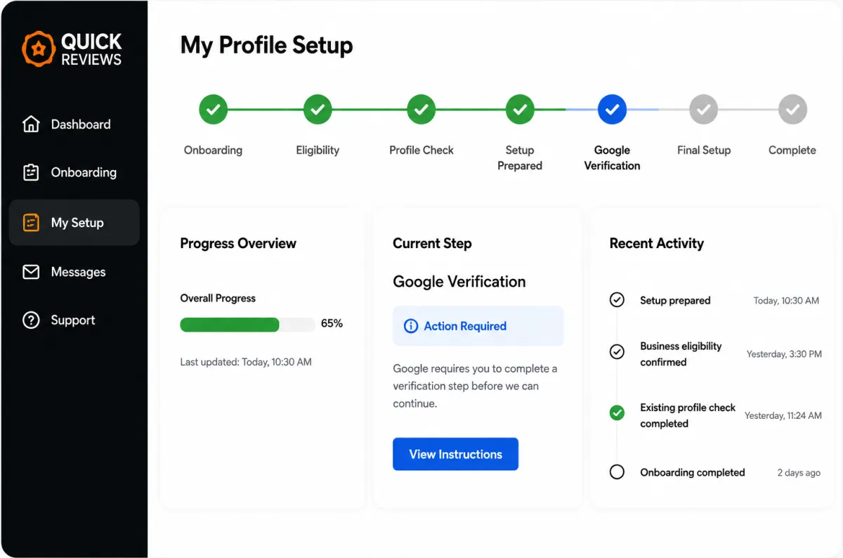 Quick Reviews Google Business Profile setup client portal