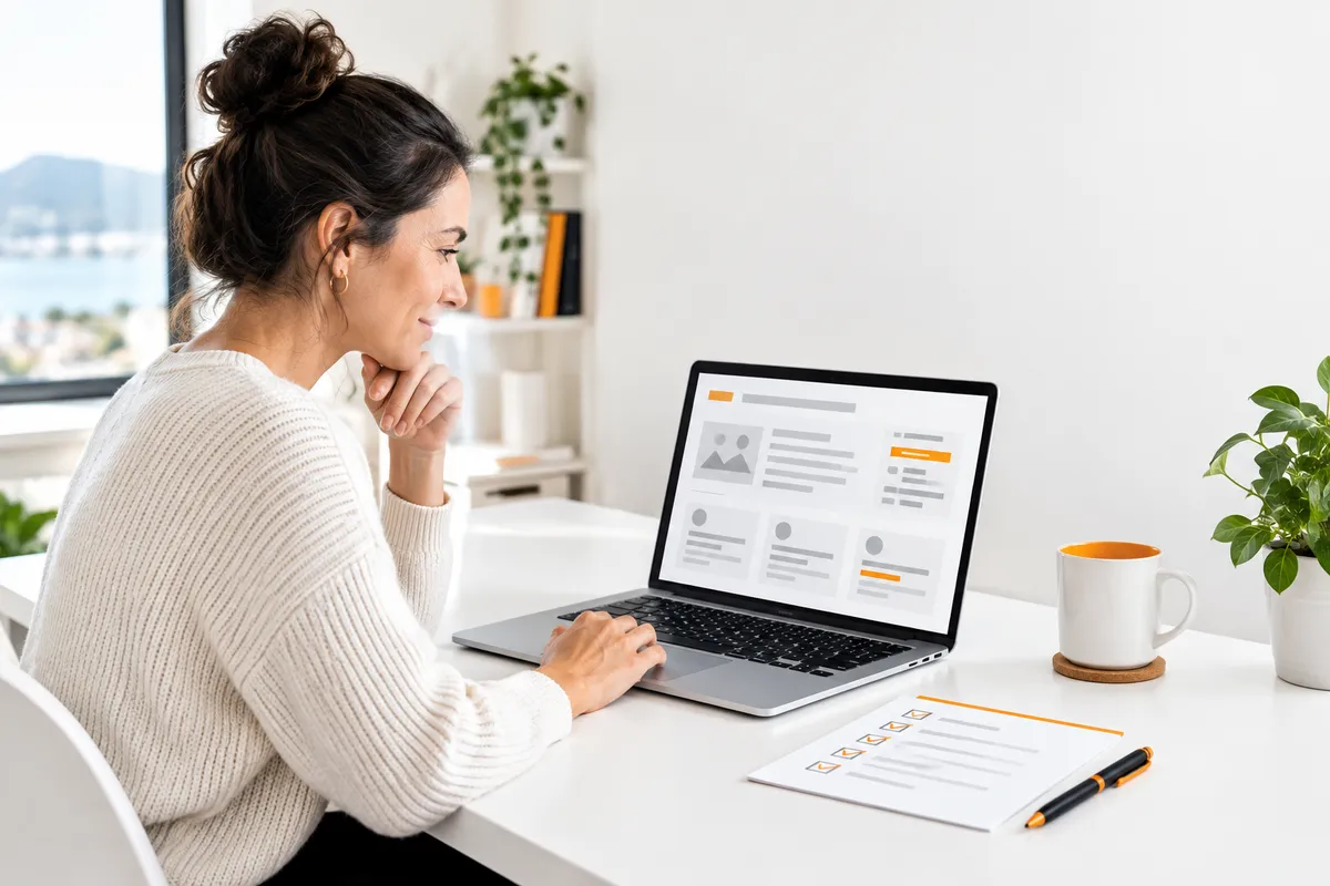 A woman in a cream sweater reviews a laptop displaying a webpage layout at a desk, beside a paper checklist and pen. A mug and potted plant sit nearby, with a bright window showing a waterfront landscape in the background.