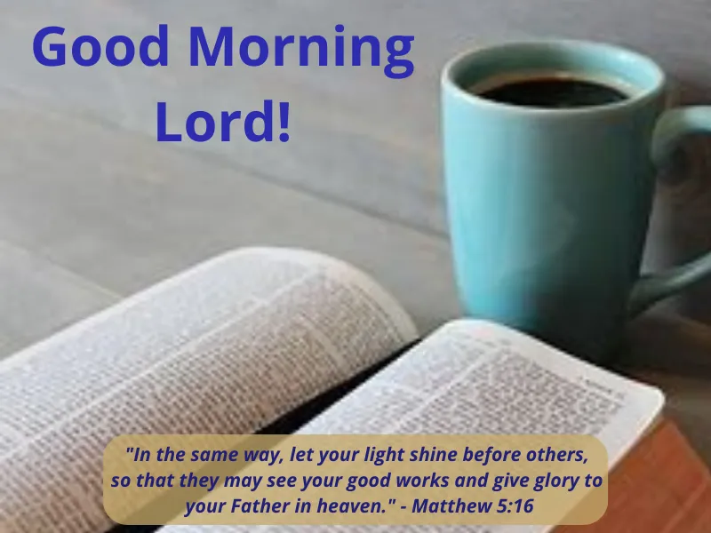Invite to spend time in the Word with a picture of a cup of coffee, an open bible, and the scripture Matthew 5:16