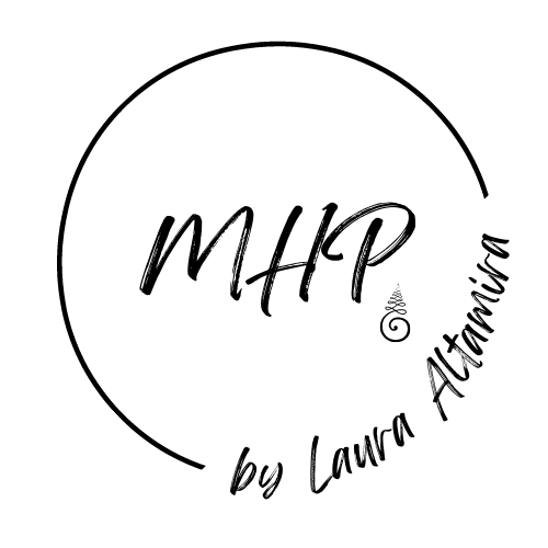 marketing or holistic practitioners logo a circle with the letters MHP inside and a unalome symbol, part of the circle says by Laura Altamir