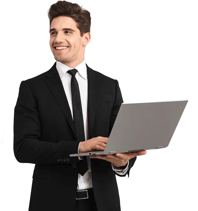 Financial expert smiling working on computer