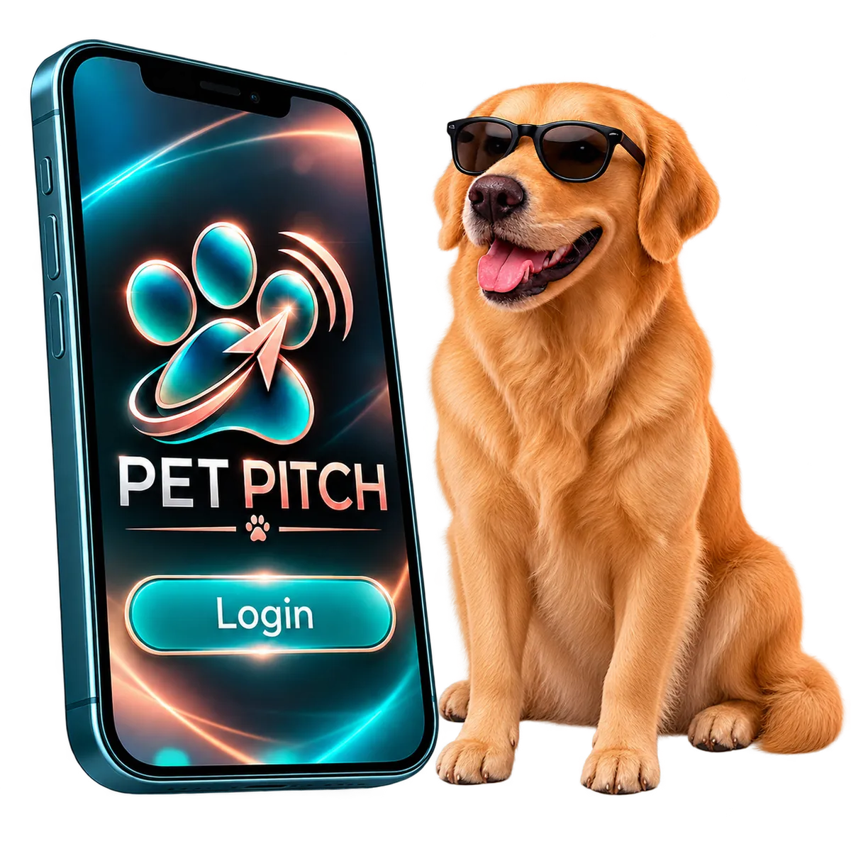 Charismatic pet creator posing alongside a floating smartphone showing the TikTok script generator interface