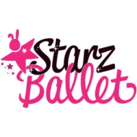 Starz Ballet logo, Starz black, Ballet pink, letters are swirly and inter twine. Theres a bunny man and a few tiny stars top left