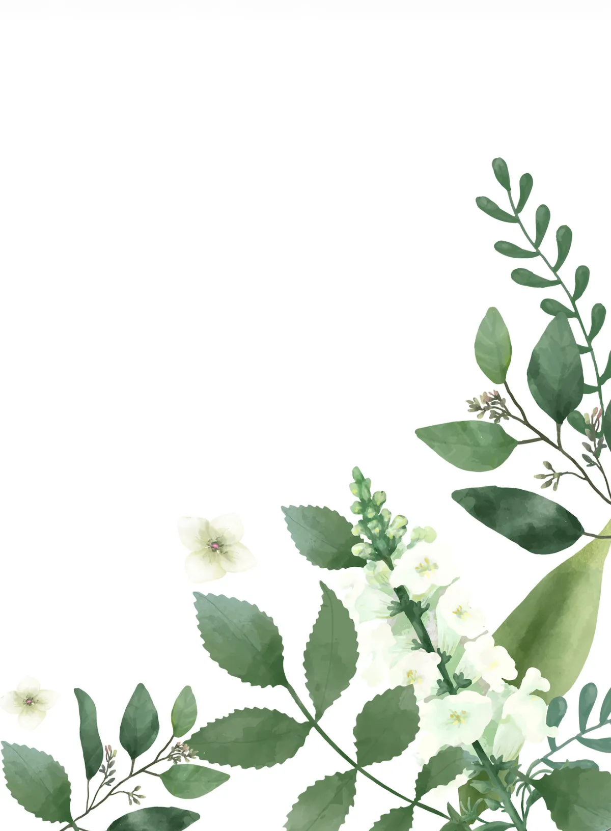 Botanical leaf border graphic in bottom right corner