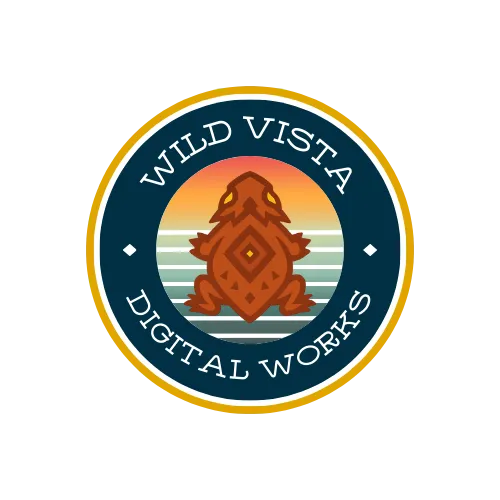 Wild Vista Digital Works logo featuring a stylized frog against a sunset background, emphasizing creativity and brand identity.