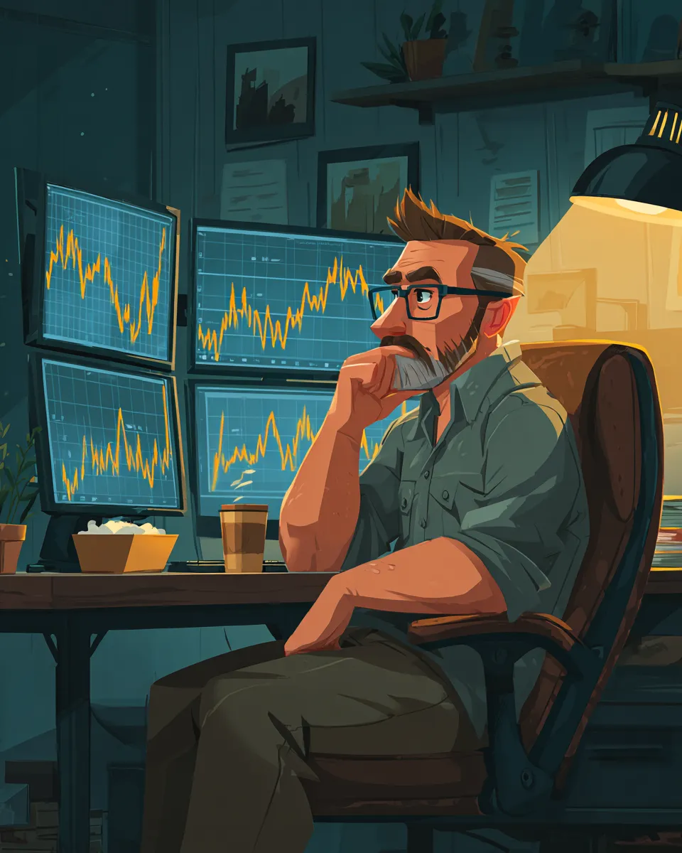 A man with glasses sits in front of a computer screen displaying different charts.