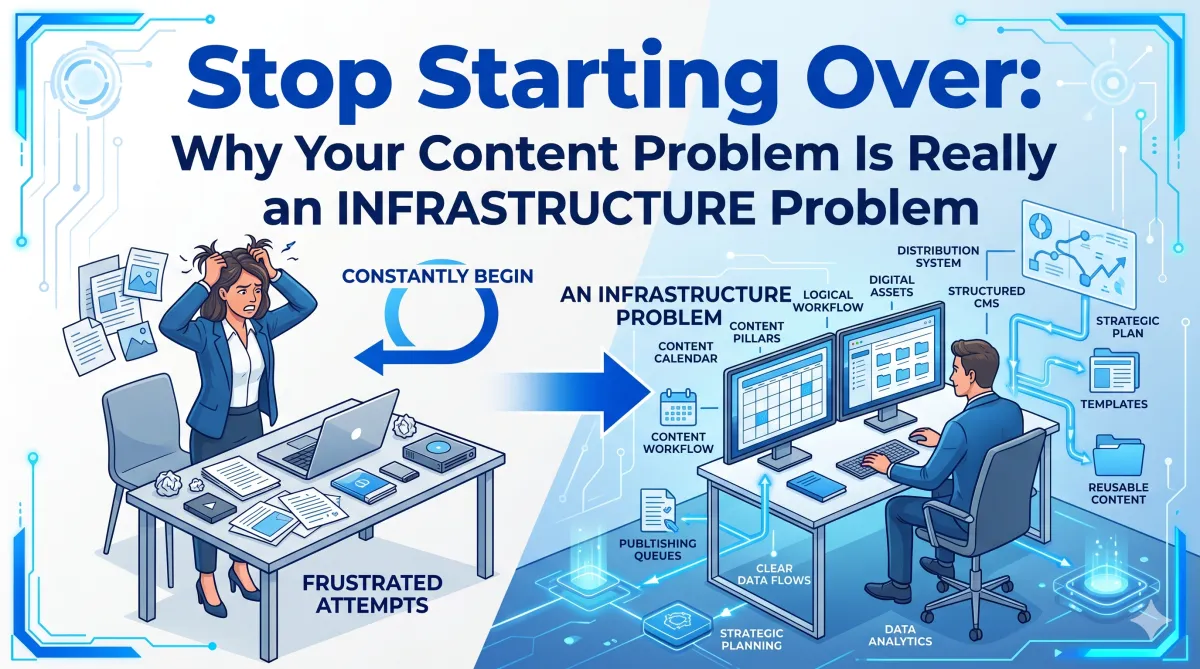A split-screen illustration for a blog cover titled "Stop Starting Over: Why Your Content Problem Is Really an INFRASTRUCTURE Problem" in bold blue text. On the left, a frustrated woman sits at a messy desk with scattered papers, pulling her hair under a blue circular arrow labeled "Constantly Begin." On the right, a calm man sits at an organized desk with dual monitors displaying a neat calendar and digital assets, connected to a futuristic blueprint layout with glowing blue data flows labeled "Content Workflow," "Structured CMS," and "Reusable Content."