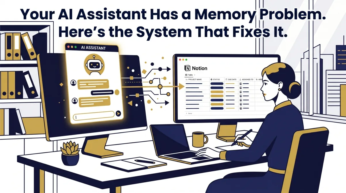 A vector illustration of a person at a desk in an office setting. Two computer monitors, a laptop, and various desk items are present. On the left monitor, a glowing floating UI window for an AI Assistant shows a chat interface with a robot icon. Golden geometric and binary lines flow from this AI Assistant window to the right monitor, which displays a Notion database dashboard with a table view. At the top of the entire image, bold navy blue text reads: "Your AI Assistant Has a Memory Problem. Here’s the System That Fixes It." A city skyline is visible outside a window. The style uses a navy, gold, and white color palette.