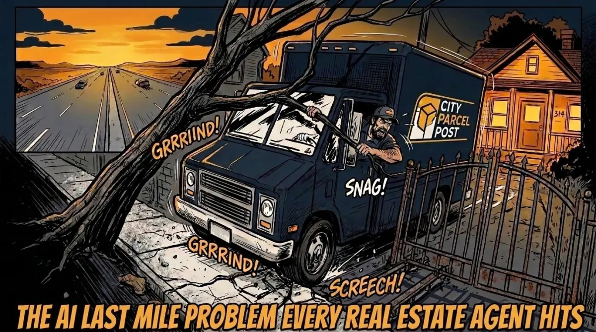 Delivery truck stalled on the last short block, symbolizing the AI last mile problem