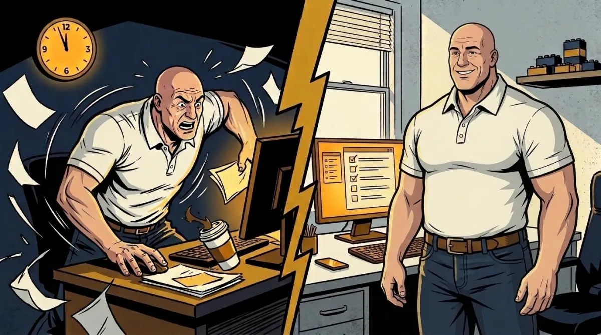 Comic-style split scene contrasting chaotic scrambling with organized systems, real estate agent discipline in action