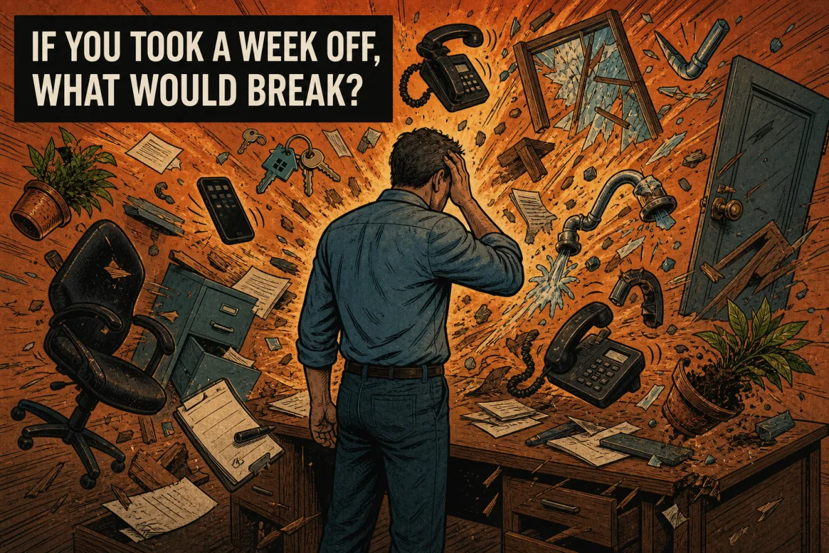 Property manager at a desk as the business explodes around him