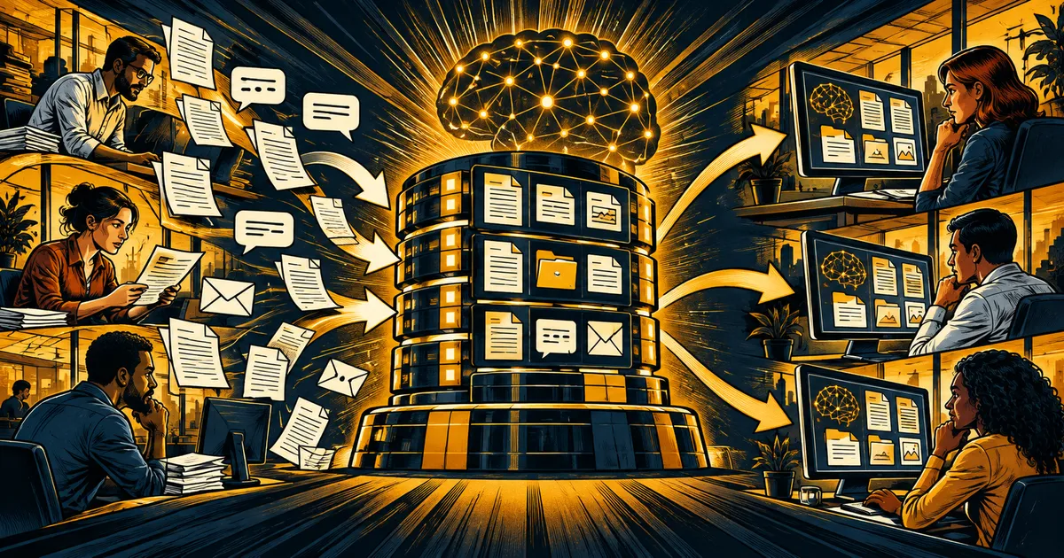 Documents and emails flow into a shared Business Brain that helps teammates find the same organized answers.