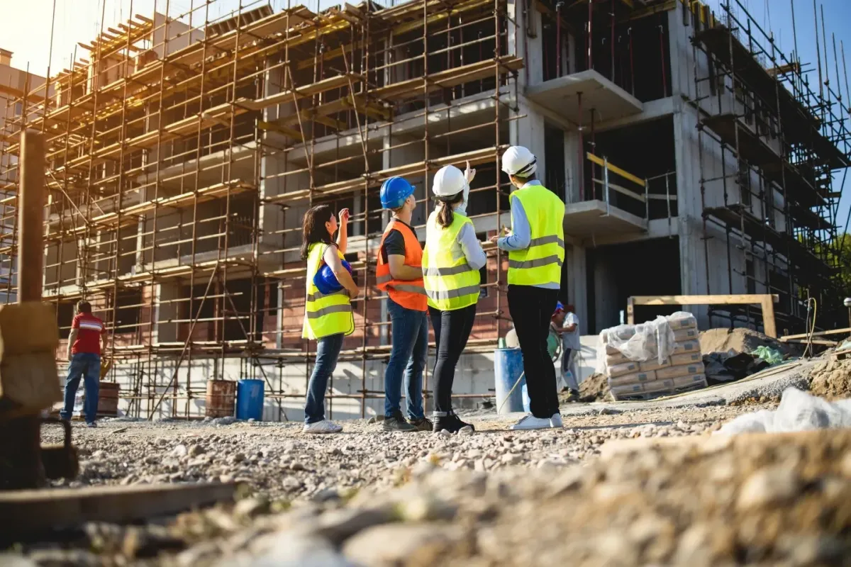 Construction workers in high-visibility vests and hard hats standing at a building site with scaffolding, representing high risk work licence