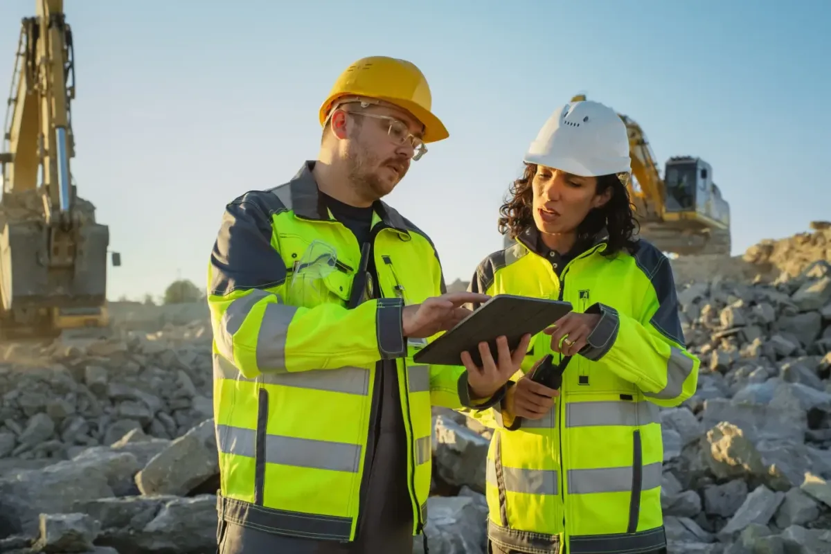 Two construction professionals in safety helmets and high-visibility jackets reviewing a tablet at a civil construction site