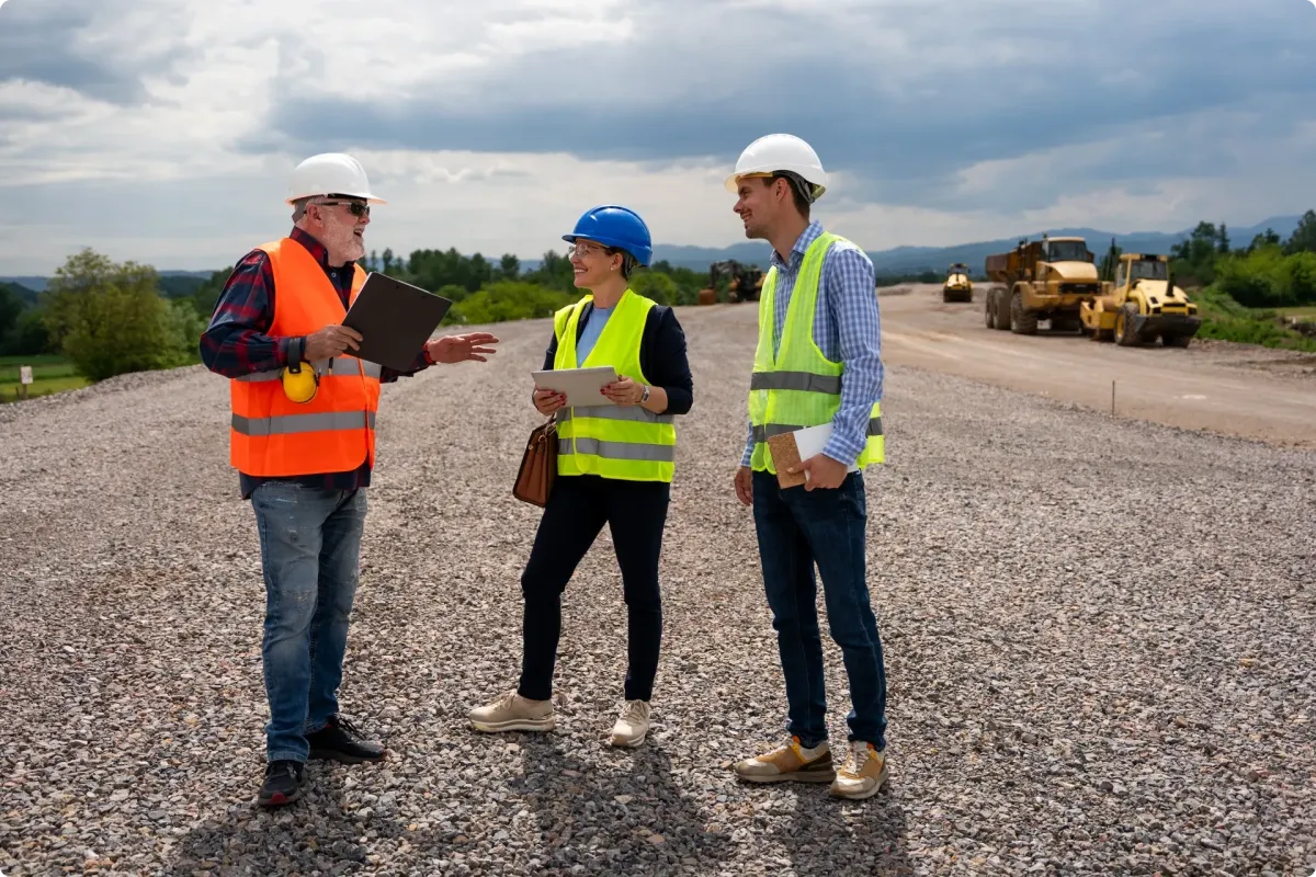 Three workers in hard hats and high-visibility vests discussing plans at a civil construction site
