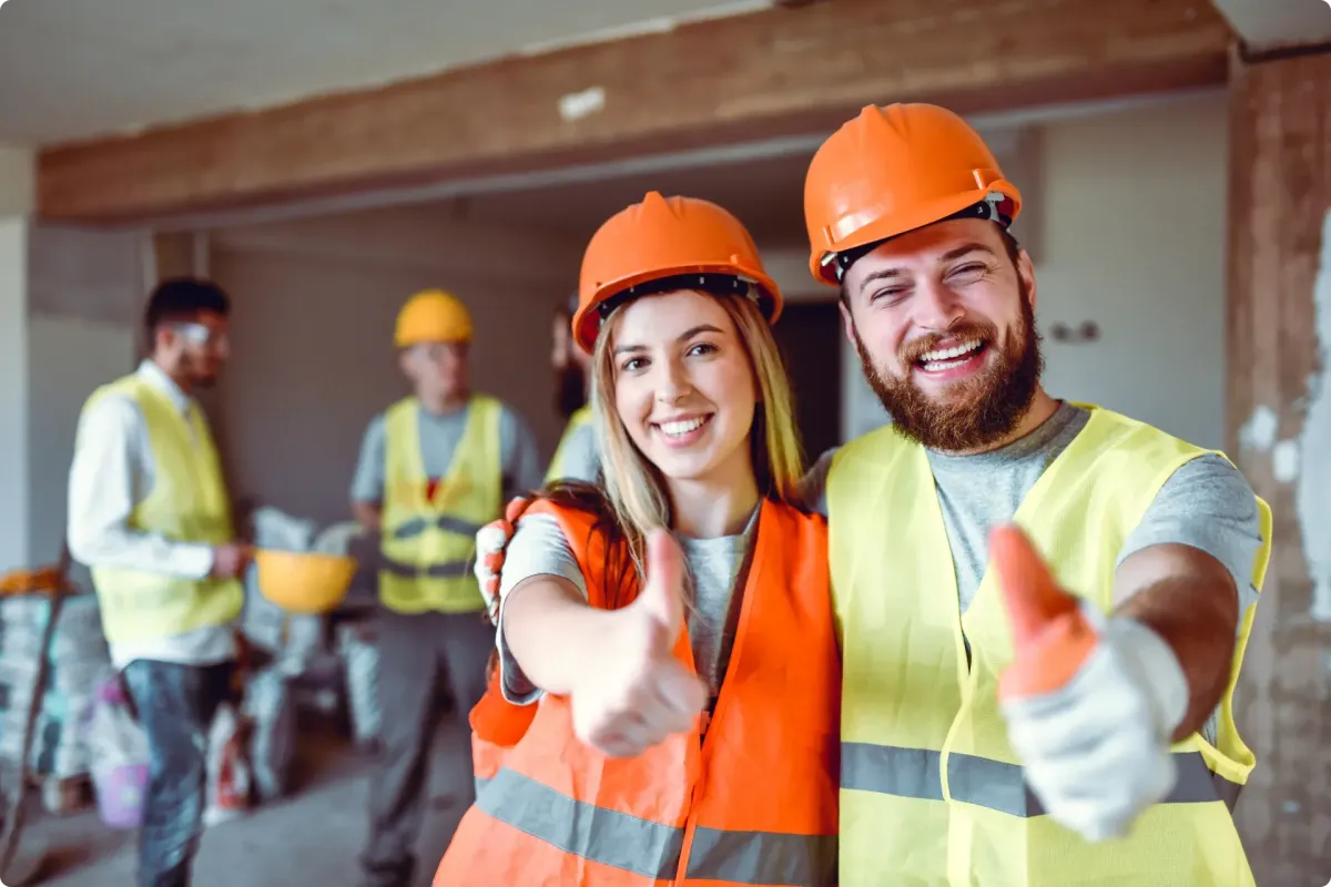 Two construction workers in hard hats and high-visibility vests giving thumbs up at an indoor worksite