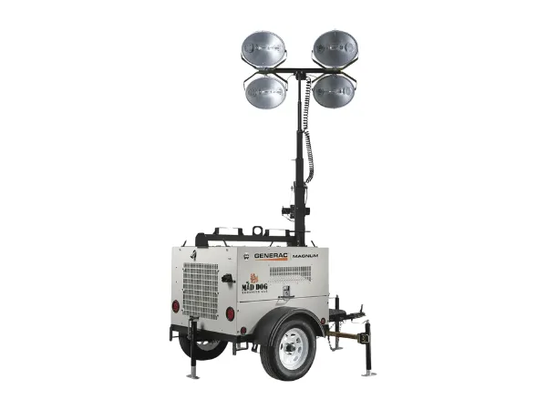 Generac Magnum light tower, white, from Mad Dog Services in Midland, TX, with four bright lights.