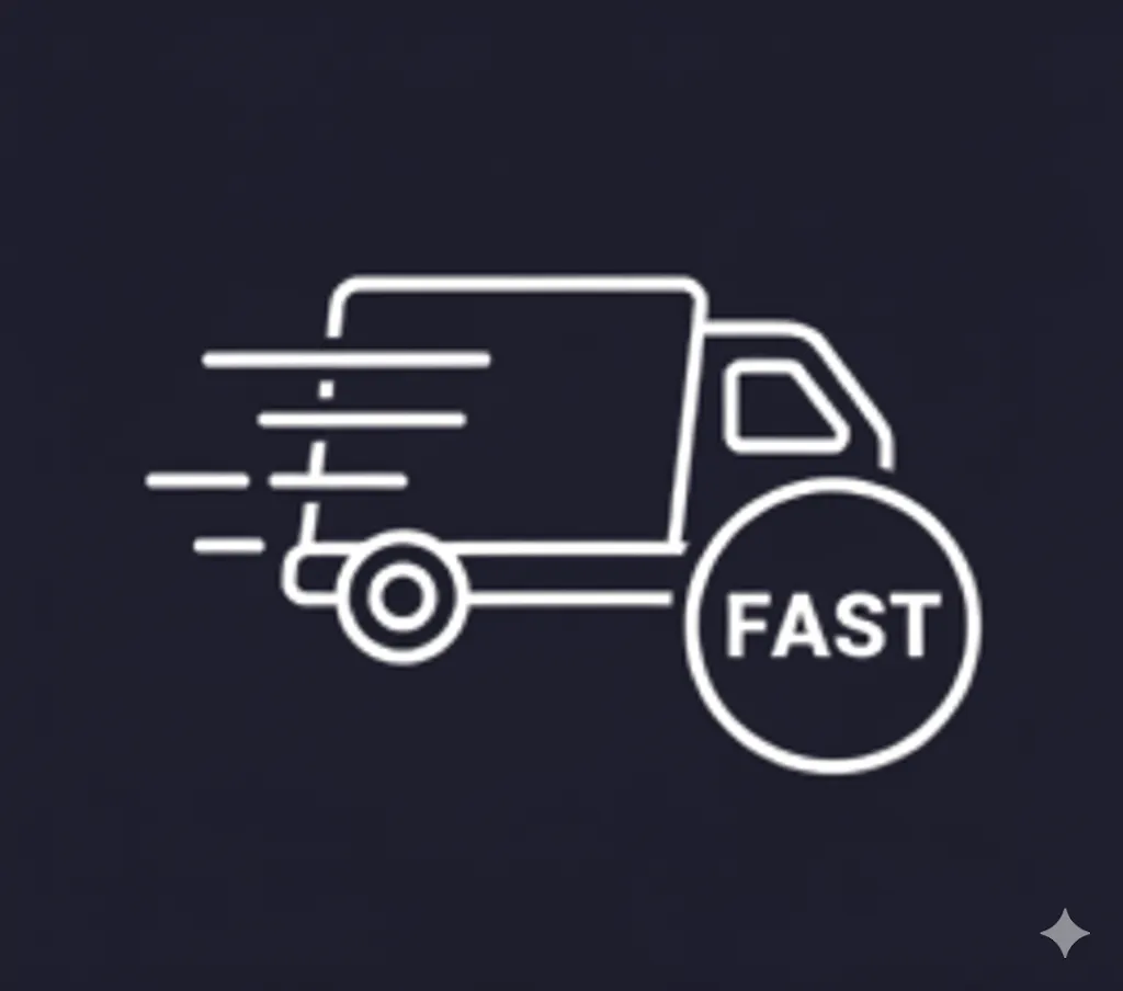 A white line art icon of a delivery truck in motion with the word "FAST," representing fast shipping and delivery.