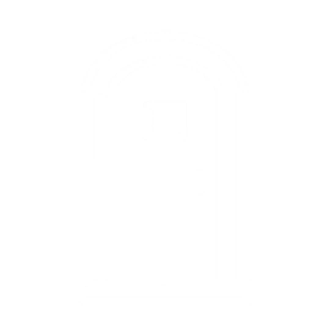 A white line art illustration of a porta potty, or portable toilet, with a small square window on a dark blue background.