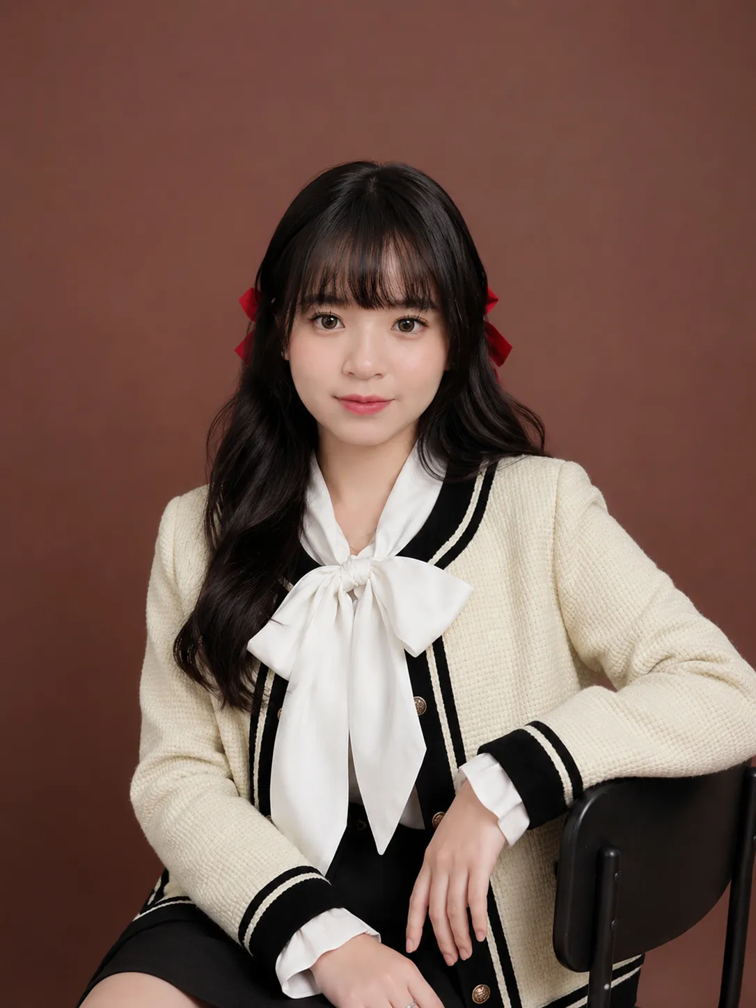Portrait of a young woman with dark hair tied with red ribbons, wearing a beige cardigan with black trim and a white bow blouse, posed against a dark background.