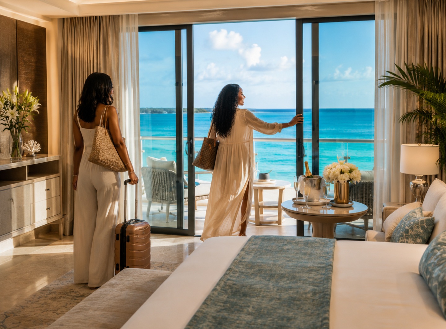 Luxury hotel suite with elegant decor and balcony view