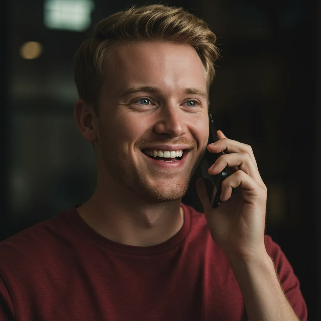 image of a local plumber in US talking on the phone with beaming smile showing satisfaction from interacting with Calyvon AI