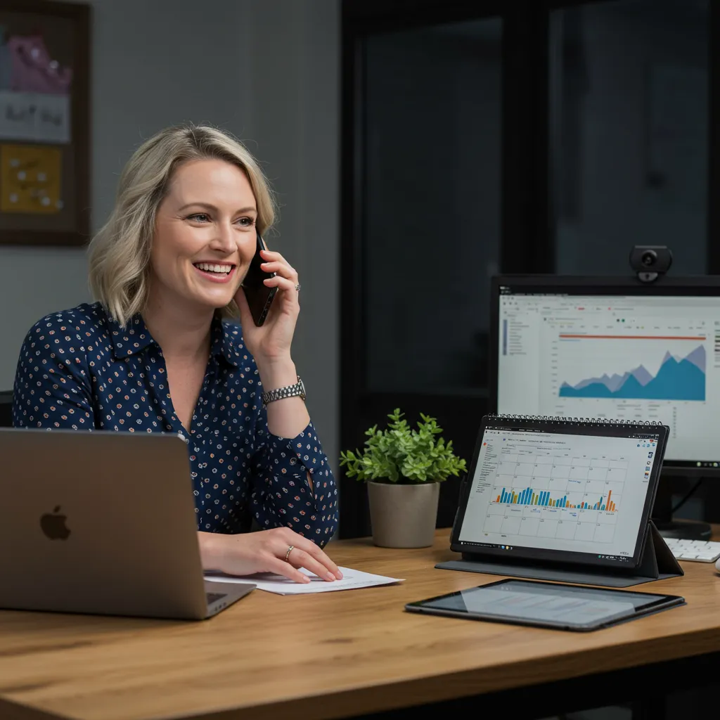 Image of an American female talking on the phone talking with Calyvon AI assistant with beaming smile showing satisfaction.