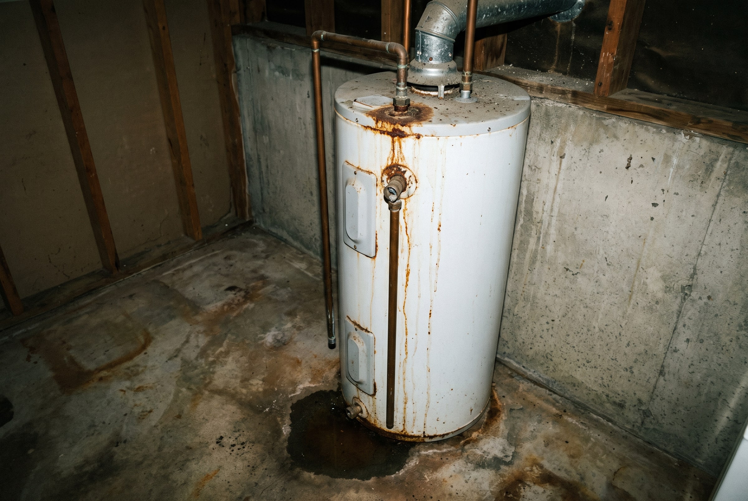 An older tank water heater in a basement corner with rust streaks down its side and a small puddle at its base.