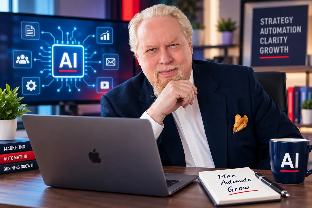 Jerry Fletcher working at a laptop in a modern office with AI automation graphics, representing practical AI marketing tools and business growth strategies for entrepreneurs.