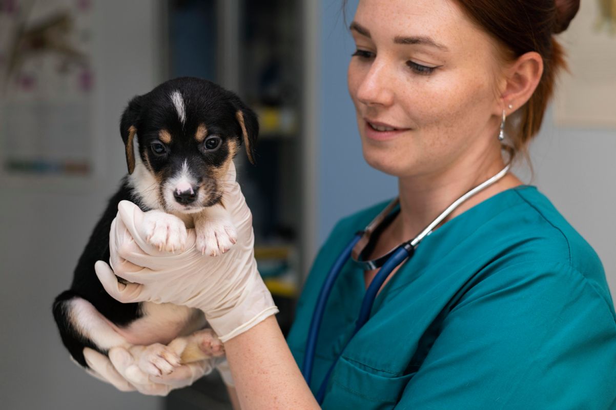 Veterinaria examinando a un cachorro en la Clínica Malvarrosa.