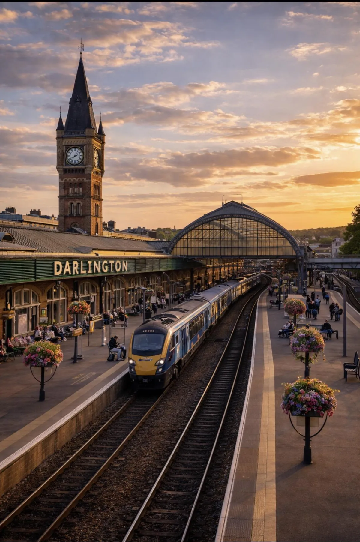 Darlington train station during the day with sun set in the background