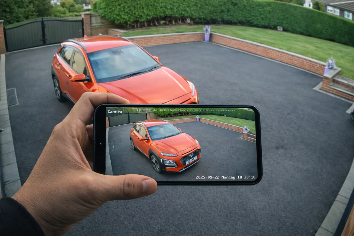 CCTV camera installed in Harrogate showing CCTV on phone protecting customers drive